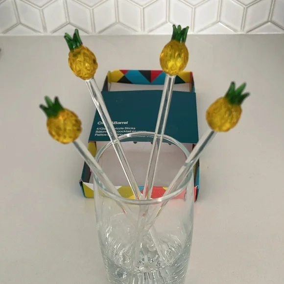 CRATE & BARREL Set of 4 Glass Pineapple Swizzle Sticks Cocktails Barware Tiki - Picture 4 of 12